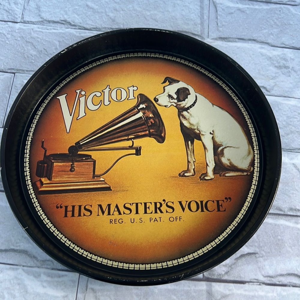 Vintage Victor records sign, His Masters Voice serving tray